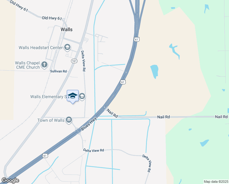 map of restaurants, bars, coffee shops, grocery stores, and more near South Highway 61 in Walls
