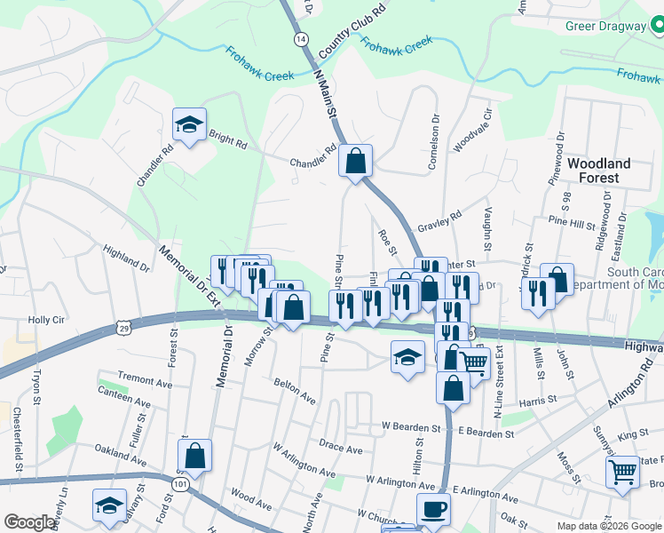 map of restaurants, bars, coffee shops, grocery stores, and more near 113 Pine Street Extension in Greer