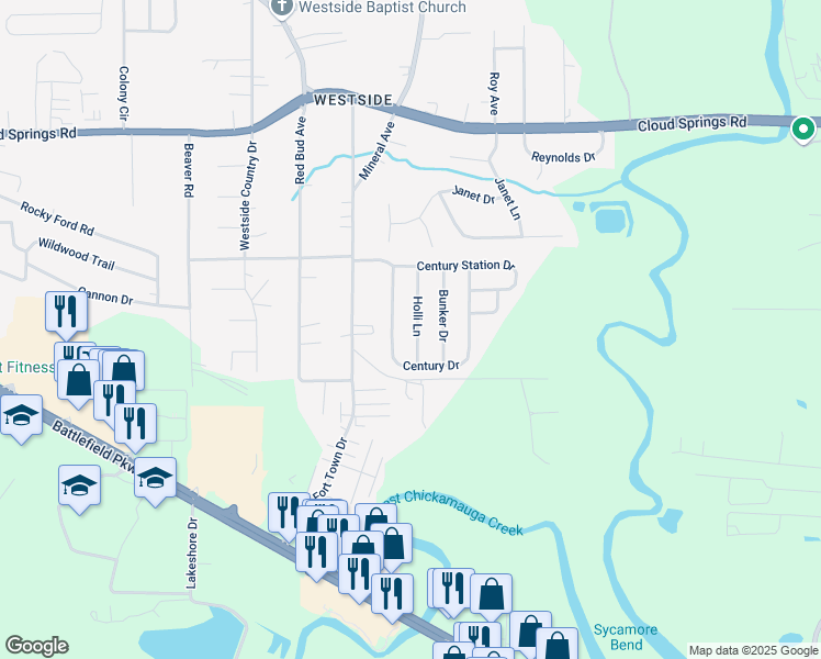 map of restaurants, bars, coffee shops, grocery stores, and more near 163 Holli Lane in Rossville