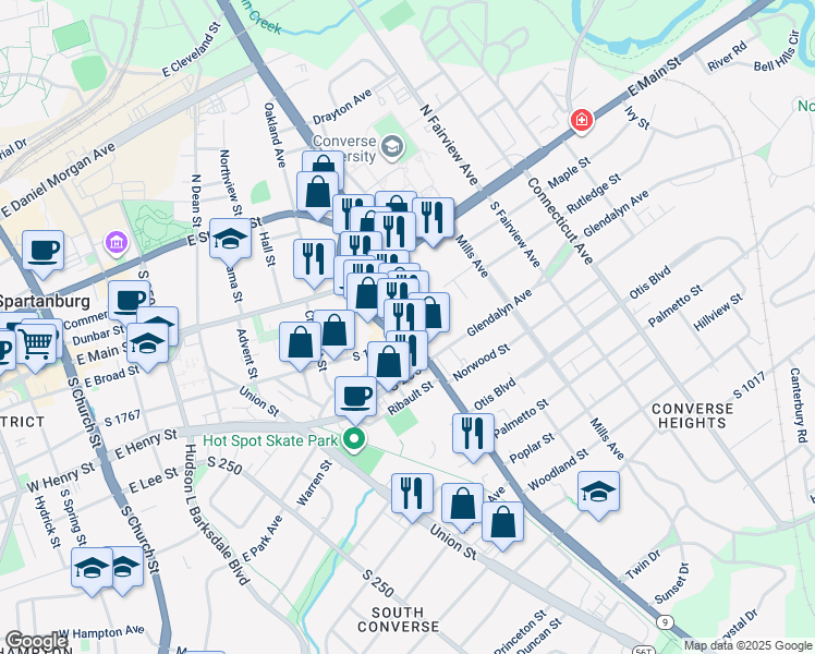 map of restaurants, bars, coffee shops, grocery stores, and more near 203 South Pine Street in Spartanburg