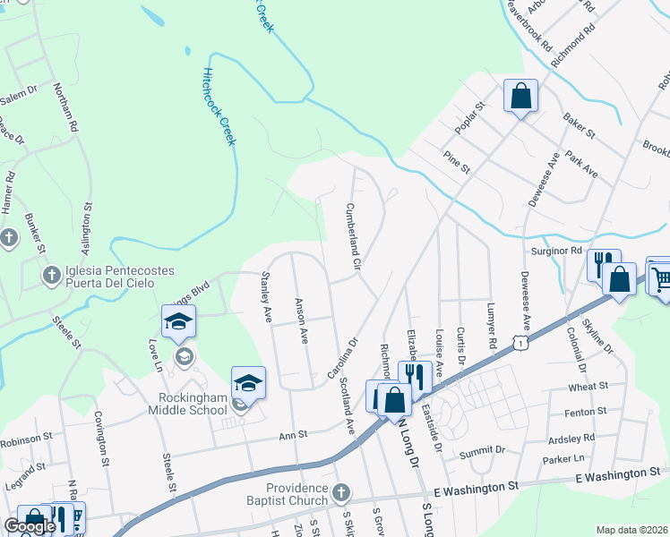 map of restaurants, bars, coffee shops, grocery stores, and more near 701 Scotland Avenue in Rockingham