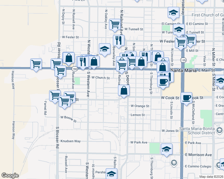 map of restaurants, bars, coffee shops, grocery stores, and more near 825 West Cypress Street in Santa Maria
