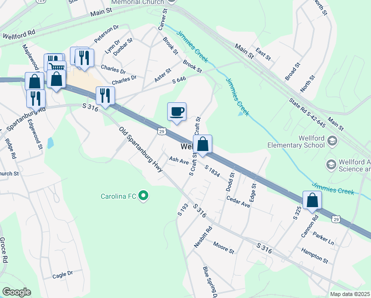 map of restaurants, bars, coffee shops, grocery stores, and more near 640 East Greenville Highway in Wellford