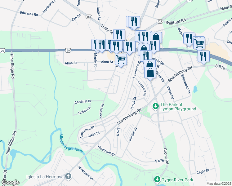 map of restaurants, bars, coffee shops, grocery stores, and more near 339 Locust Street in Lyman