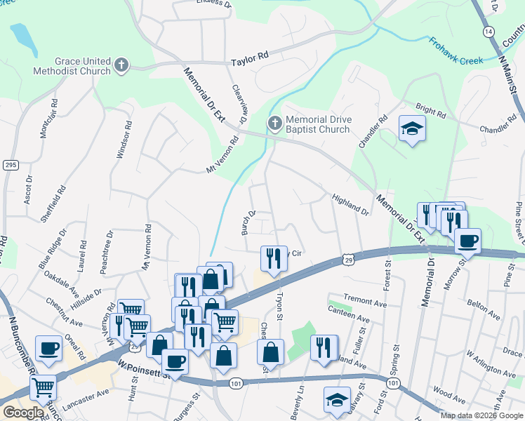 map of restaurants, bars, coffee shops, grocery stores, and more near 505 County Road 168 in Greer