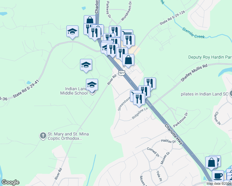 map of restaurants, bars, coffee shops, grocery stores, and more near 2548 Chasewater Drive in Indian Land