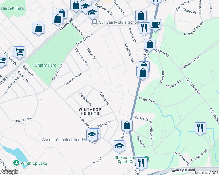 map of restaurants, bars, coffee shops, grocery stores, and more near 501 Rabun Circle in Rock Hill