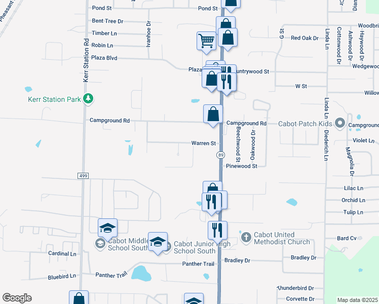 map of restaurants, bars, coffee shops, grocery stores, and more near 13 Broadmoor Circle in Cabot
