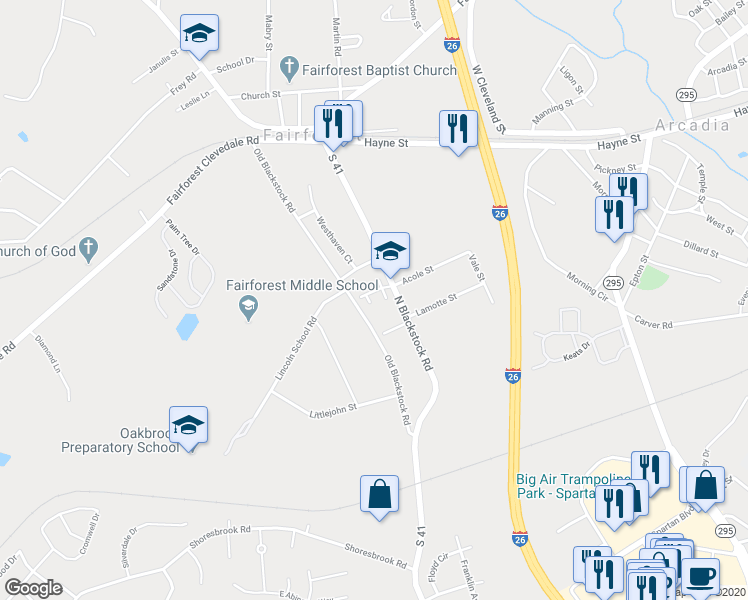 map of restaurants, bars, coffee shops, grocery stores, and more near 509 South Townes Court in Spartanburg