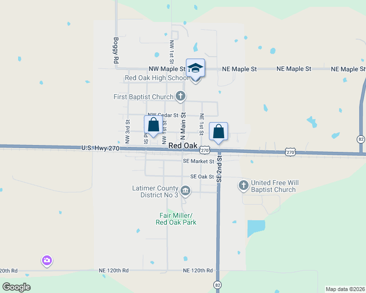 map of restaurants, bars, coffee shops, grocery stores, and more near 101 Northeast Market Street in Red Oak