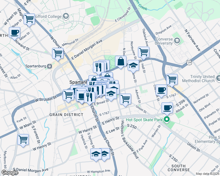 map of restaurants, bars, coffee shops, grocery stores, and more near 250 East Main Street in Spartanburg