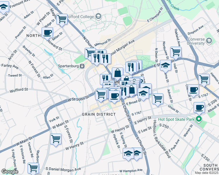 map of restaurants, bars, coffee shops, grocery stores, and more near in Spartanburg