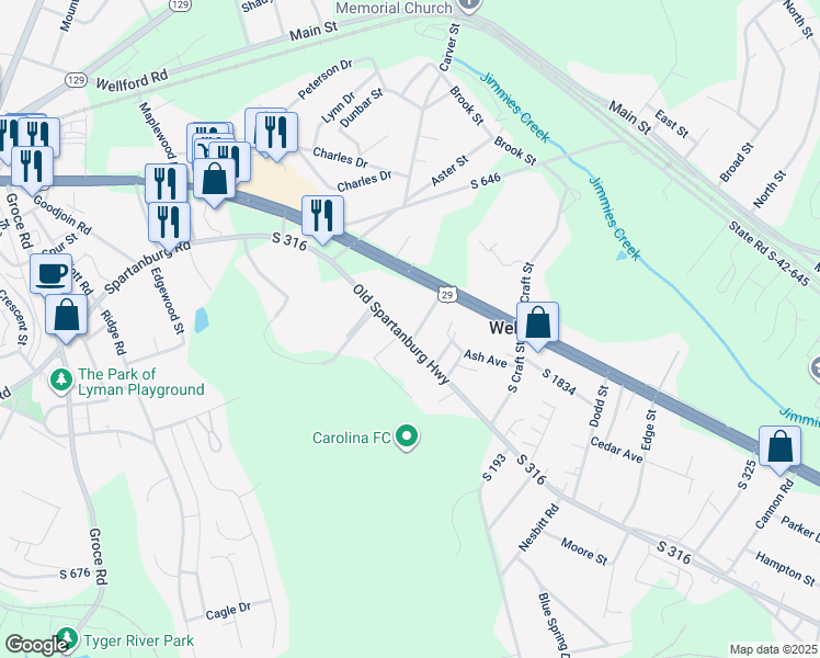 map of restaurants, bars, coffee shops, grocery stores, and more near 1074 Old Spartanburg Highway in Lyman