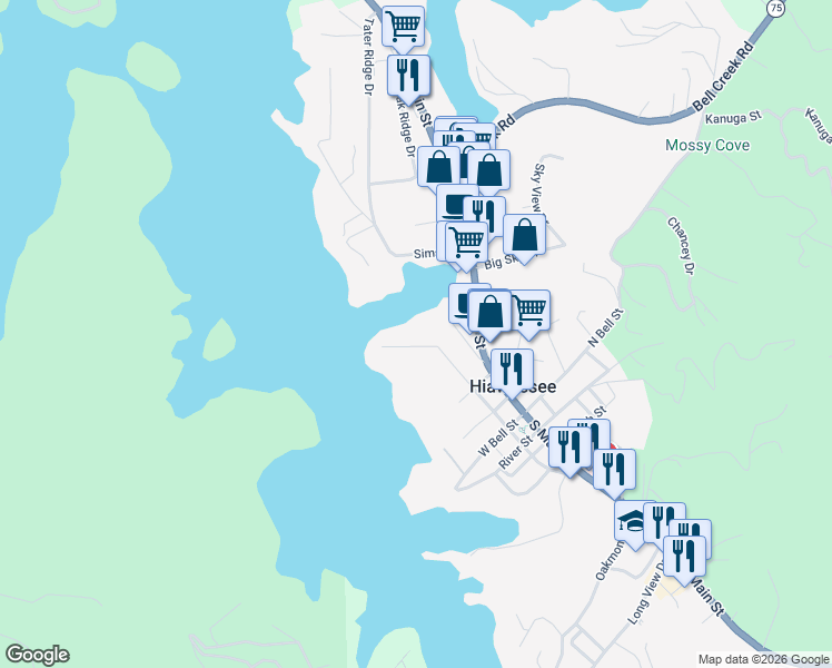 map of restaurants, bars, coffee shops, grocery stores, and more near 113-215 Berrong Street in Hiawassee