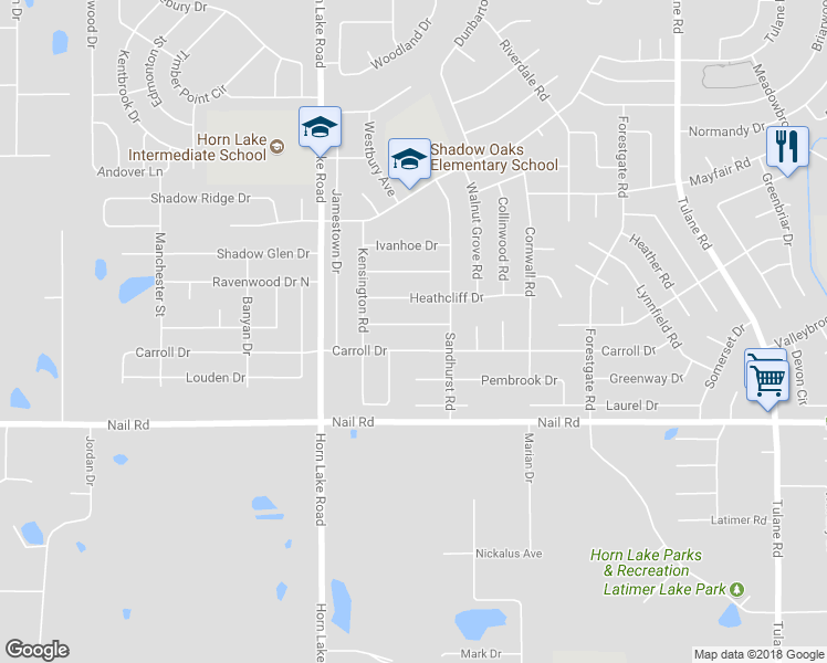 map of restaurants, bars, coffee shops, grocery stores, and more near 3775 Southbrook Drive in Horn Lake