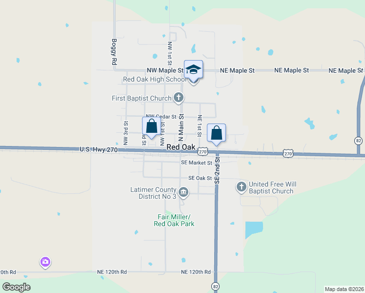 map of restaurants, bars, coffee shops, grocery stores, and more near 101 Northeast Market Street in Red Oak