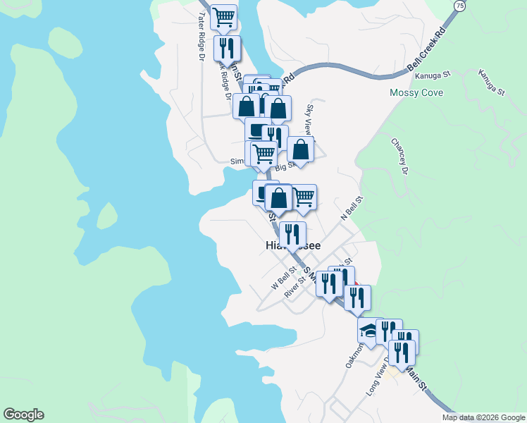 map of restaurants, bars, coffee shops, grocery stores, and more near North Main Street in Hiawassee