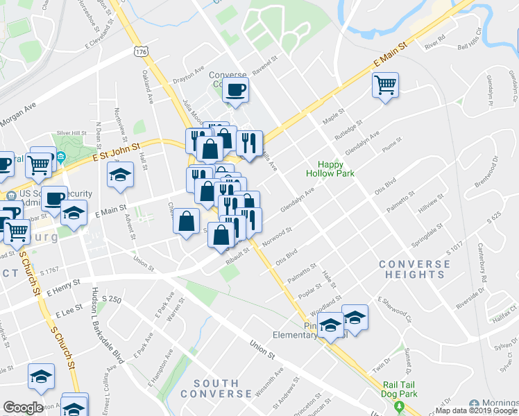map of restaurants, bars, coffee shops, grocery stores, and more near 526 Lucas Court in Spartanburg