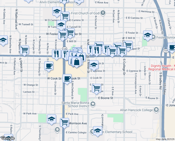 map of restaurants, bars, coffee shops, grocery stores, and more near 229 Miller Street in Santa Maria