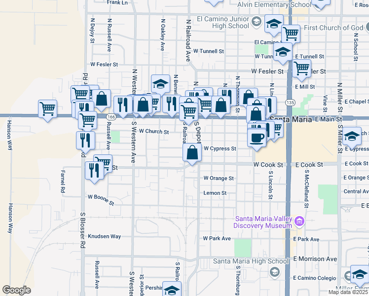 map of restaurants, bars, coffee shops, grocery stores, and more near 299 South Railroad Avenue in Santa Maria