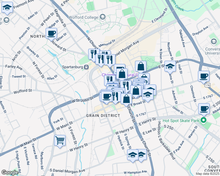 map of restaurants, bars, coffee shops, grocery stores, and more near 171 Magnolia Street in Spartanburg