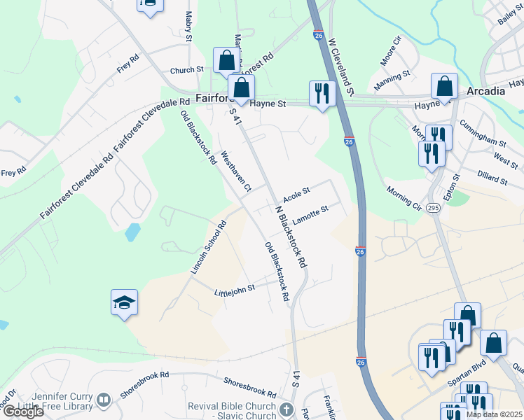 map of restaurants, bars, coffee shops, grocery stores, and more near 402 West Townes Court in Spartanburg