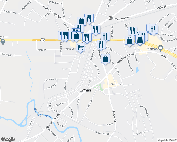 map of restaurants, bars, coffee shops, grocery stores, and more near 18 Lawrence Street in Lyman