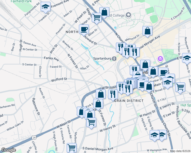 map of restaurants, bars, coffee shops, grocery stores, and more near 346 Brawley Street in Spartanburg