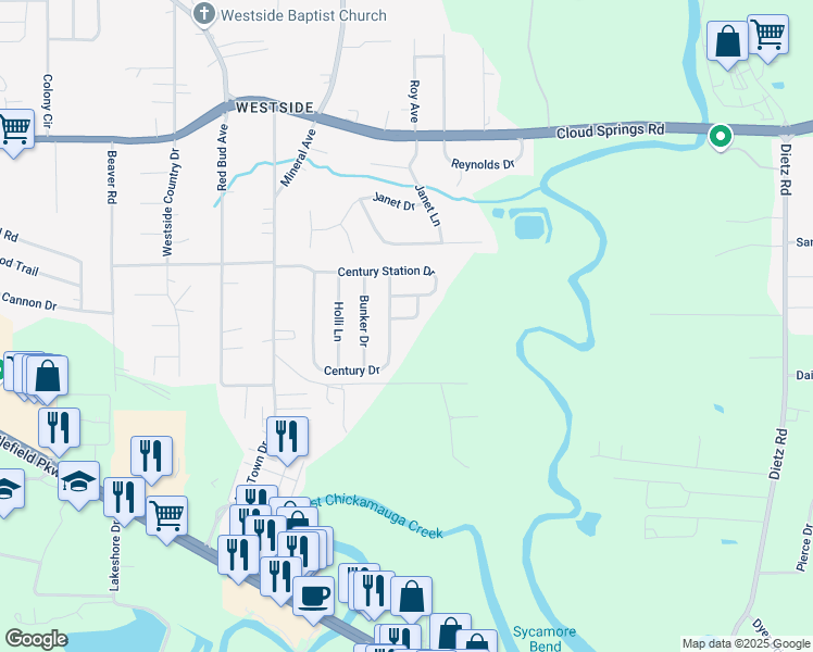 map of restaurants, bars, coffee shops, grocery stores, and more near 58 Outpost Drive in Rossville