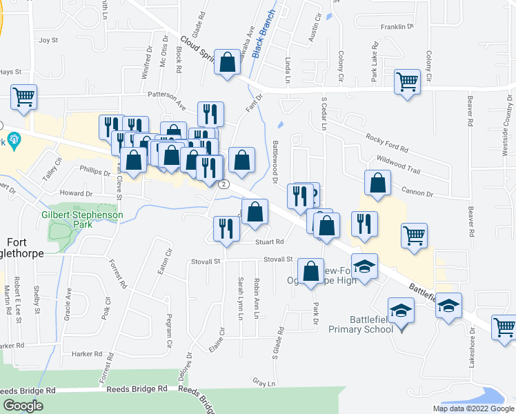 map of restaurants, bars, coffee shops, grocery stores, and more near 1473 Battlefield Parkway in Fort Oglethorpe
