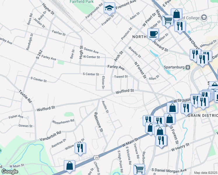 map of restaurants, bars, coffee shops, grocery stores, and more near 446 Arch Street in Spartanburg
