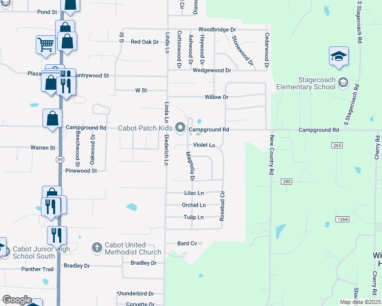 map of restaurants, bars, coffee shops, grocery stores, and more near 17 Magnolia Drive in Cabot