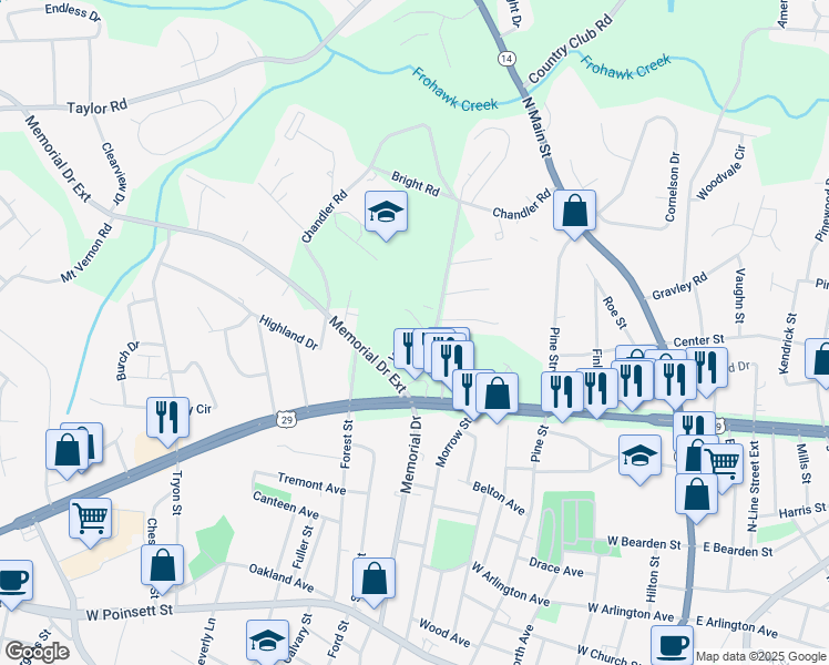 map of restaurants, bars, coffee shops, grocery stores, and more near 121 Village Drive in Greer