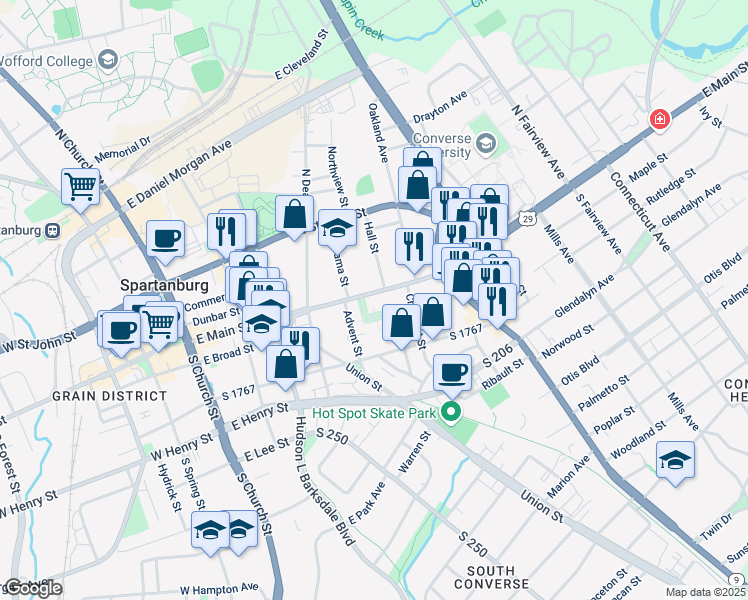 map of restaurants, bars, coffee shops, grocery stores, and more near 340 East Main Street in Spartanburg