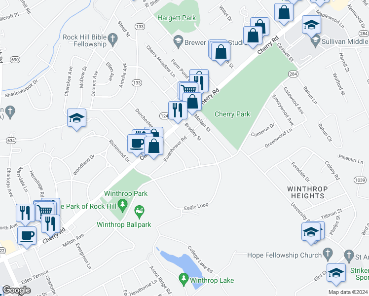 map of restaurants, bars, coffee shops, grocery stores, and more near 851 Macarthur Street in Rock Hill