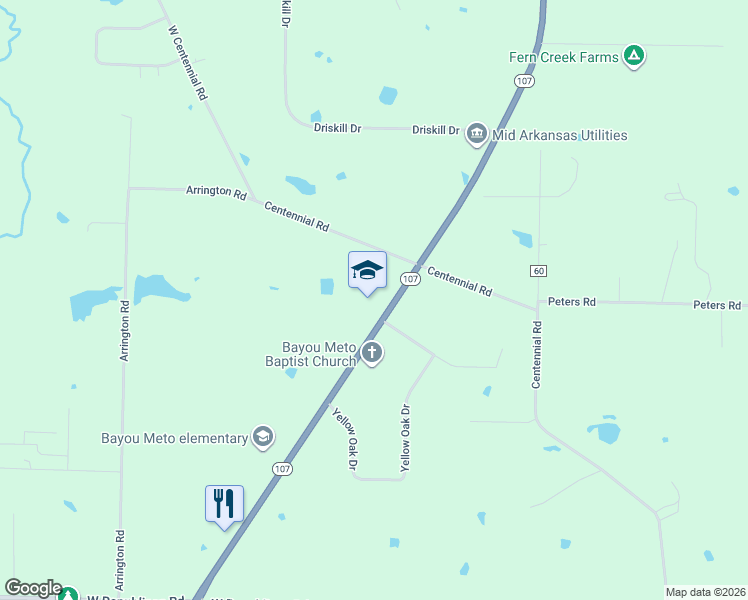map of restaurants, bars, coffee shops, grocery stores, and more near 26405 Arkansas 107 in Jacksonville
