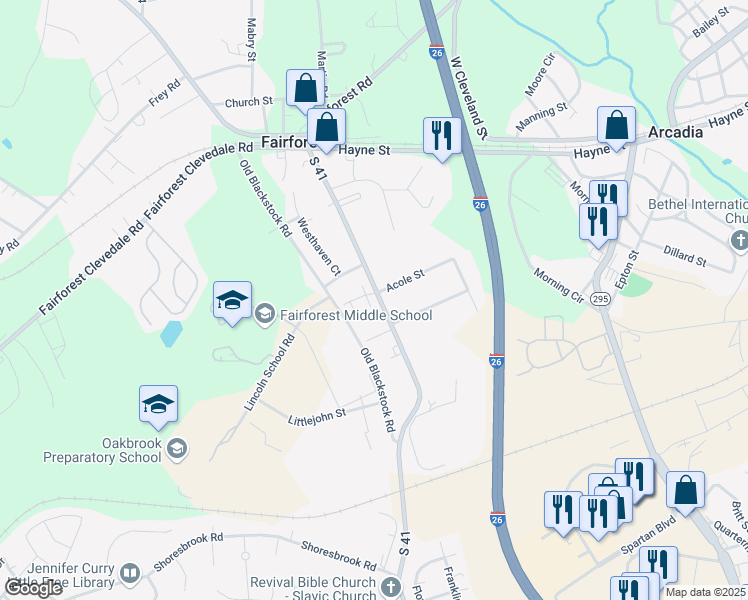 map of restaurants, bars, coffee shops, grocery stores, and more near 605 North Townes Court in Spartanburg