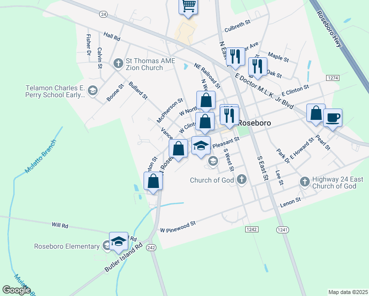 map of restaurants, bars, coffee shops, grocery stores, and more near 503 West Roseboro Street in Roseboro