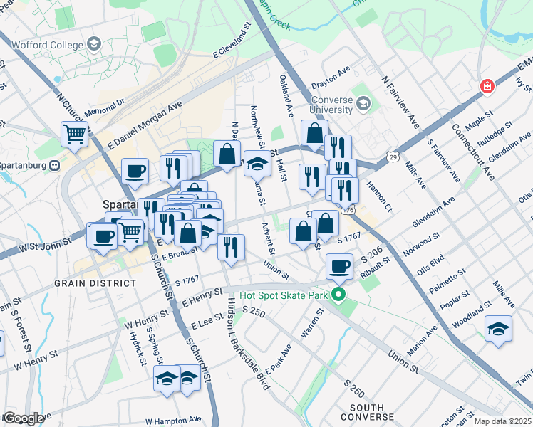 map of restaurants, bars, coffee shops, grocery stores, and more near 320 East Main Street in Spartanburg