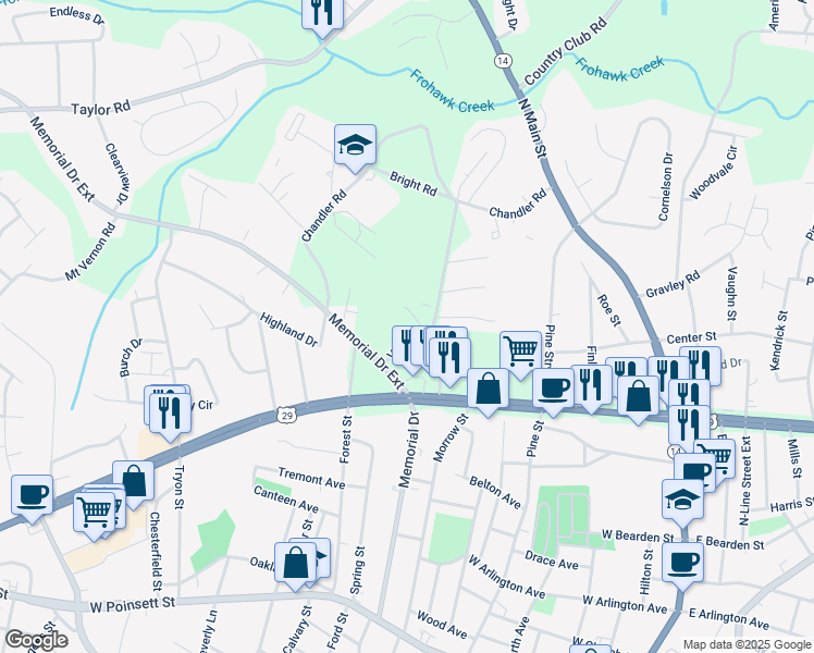 map of restaurants, bars, coffee shops, grocery stores, and more near 121 Village Drive in Greer
