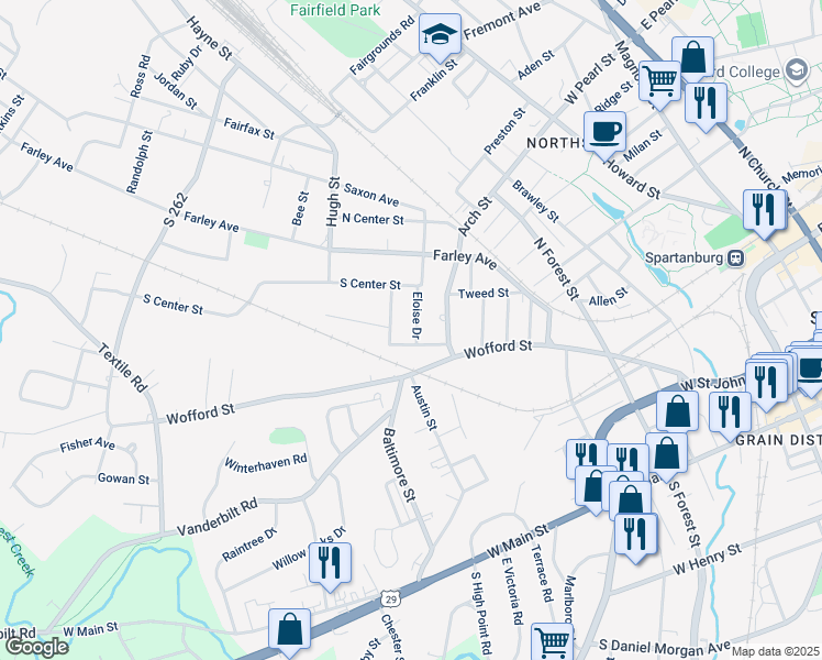 map of restaurants, bars, coffee shops, grocery stores, and more near 430 Eloise Drive in Spartanburg