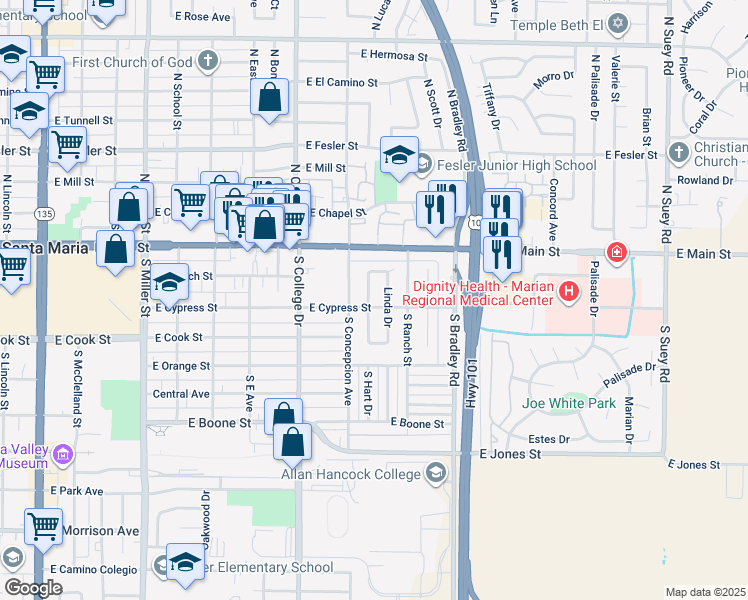 map of restaurants, bars, coffee shops, grocery stores, and more near 230 Capitol Drive in Santa Maria