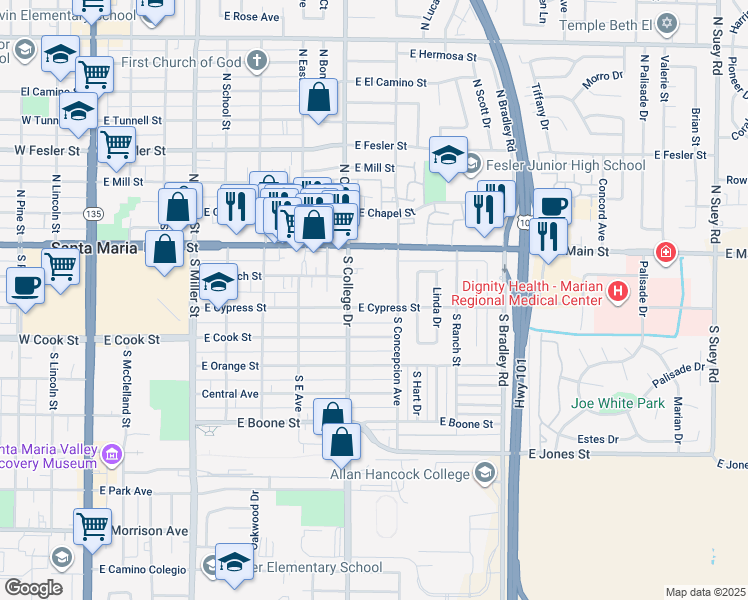 map of restaurants, bars, coffee shops, grocery stores, and more near 841 East Cypress Street in Santa Maria