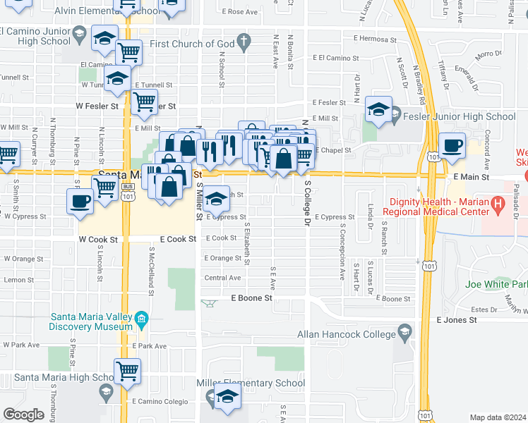 map of restaurants, bars, coffee shops, grocery stores, and more near 616 East Church Street in Santa Maria