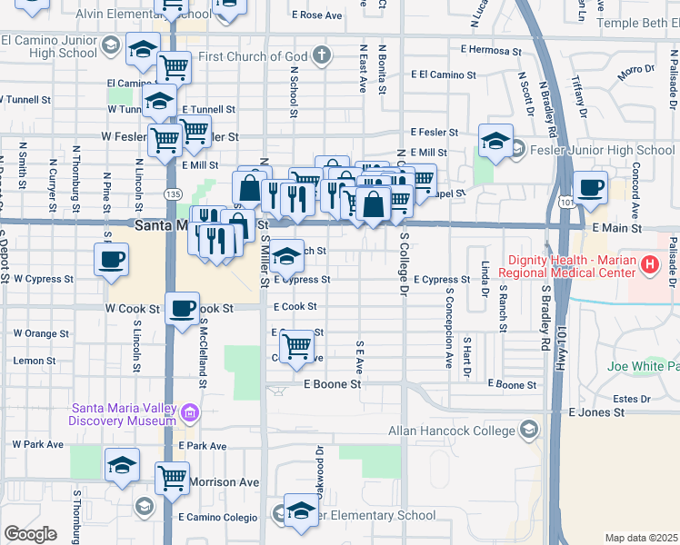 map of restaurants, bars, coffee shops, grocery stores, and more near 616 East Church Street in Santa Maria