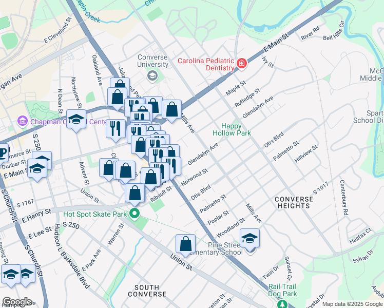 map of restaurants, bars, coffee shops, grocery stores, and more near 210 Mills Avenue in Spartanburg
