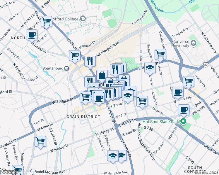 map of restaurants, bars, coffee shops, grocery stores, and more near 147 East Saint John Street in Spartanburg