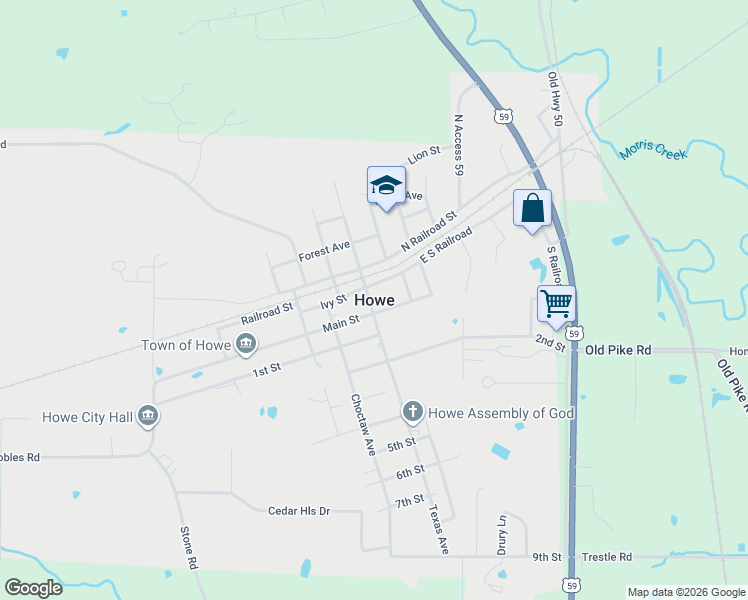 map of restaurants, bars, coffee shops, grocery stores, and more near in Howe