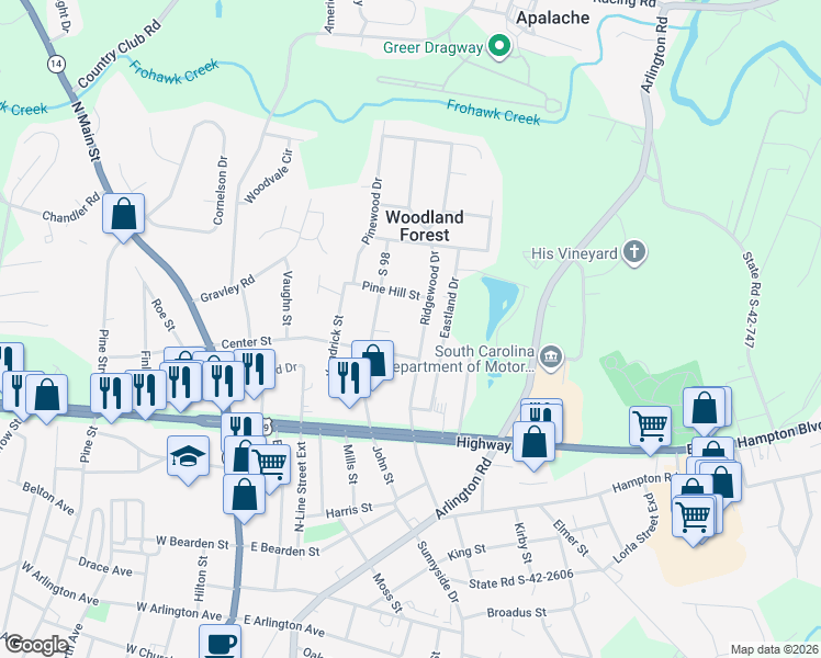 map of restaurants, bars, coffee shops, grocery stores, and more near 416 John Street in Greer