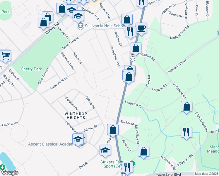 map of restaurants, bars, coffee shops, grocery stores, and more near 1651 Pineburr Lane in Rock Hill